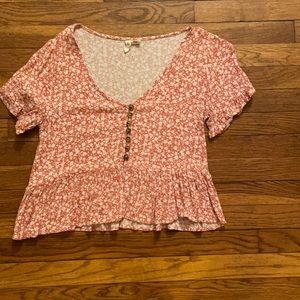 Size Medium-red floral babydoll top with buttons.